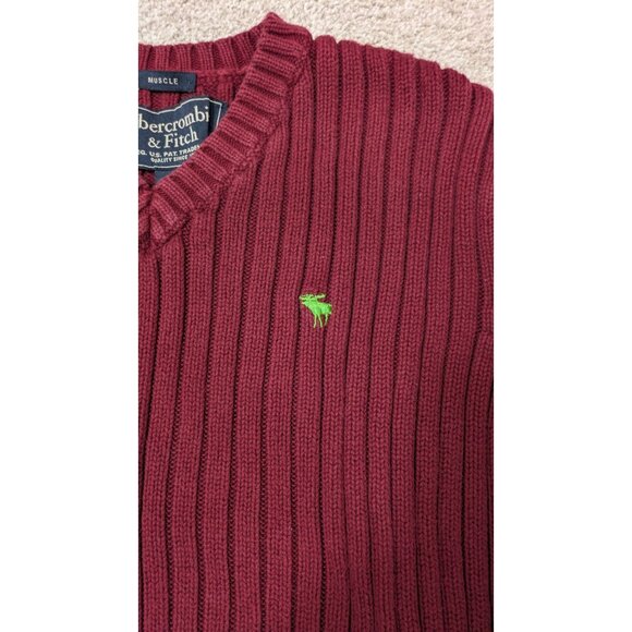 Abercrombie & Fitch Mens Muscle Sweater Large Burgundy Ribbed Y2K Preppy V-Neck - Picture 5 of 8